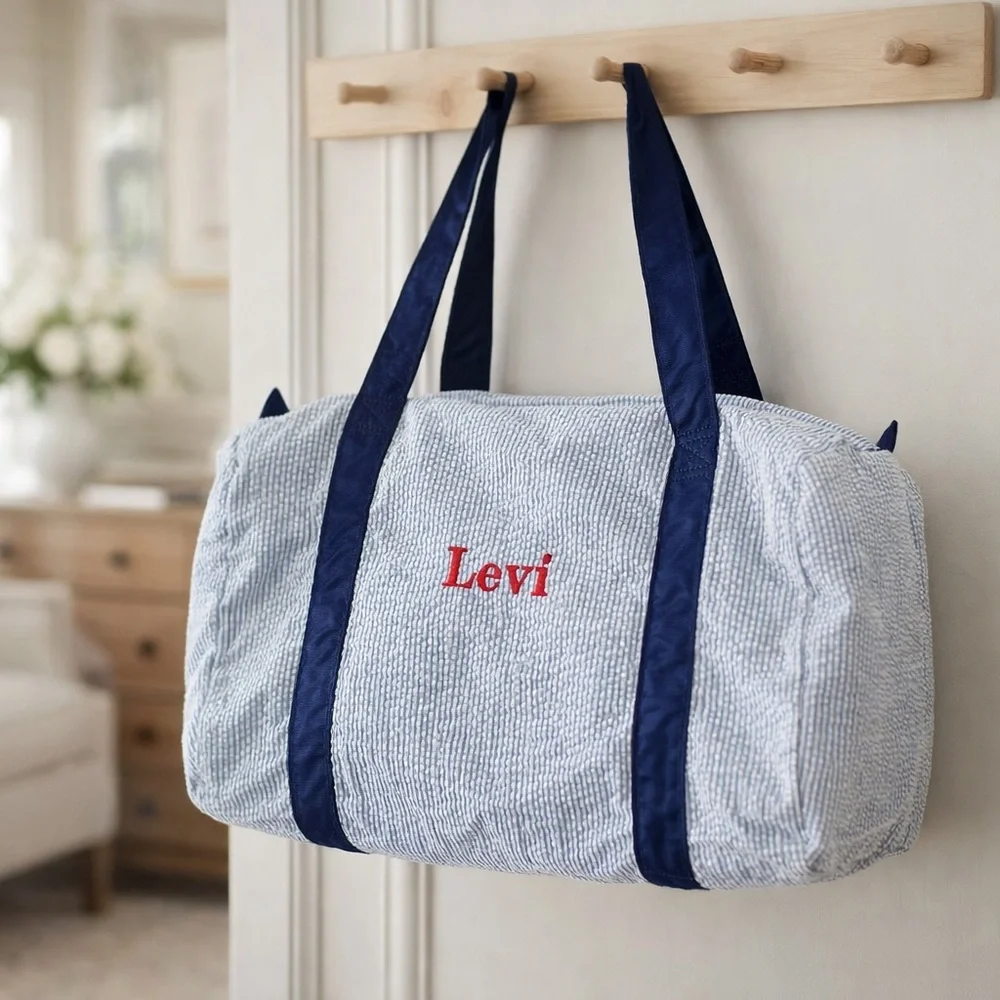 Red Levi Personalized Seersucker Duffle Bag Blue White Stripe Weekend Travel Bag